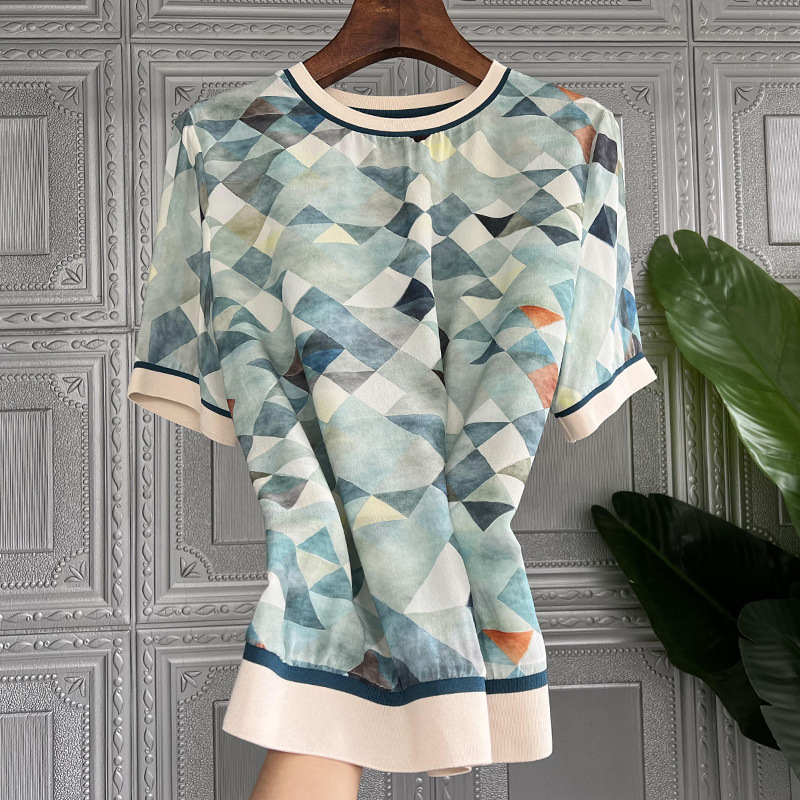 4154#落落大方 清爽几何印花 外贸品牌女装新款缎面雪纺短袖T恤女|ru