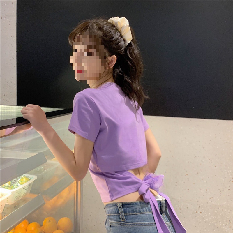 跨境短袖t恤女衣服2024夏季新款辣妹露背蝴蝶结漏背短款设计感上