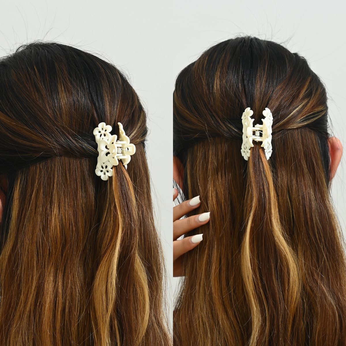 Flores de ciruela, clip de cabello medio, clip de cabello esmerilado negro, tres flores detrás de la cabeza, clip de cabello 5.5CM