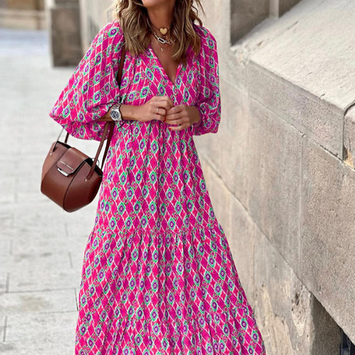 Geometric Print Bubble Sleeve Dress for Street Style, Bestselling Item for Plus-Size Women in Autumn
