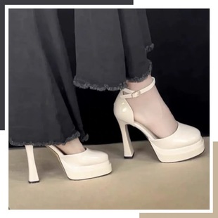 Small chunky heel platform high heels women's patent leather buckle hollow square toe thick-soled wedding shoes hosting banquet shoes