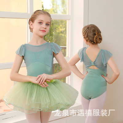 Kids toddlers pink green tutu leotard dress gymnastics ballet dance dress uniforms of the girls long sleeves white gauze children Ballet dance outfits for kids 