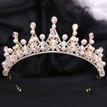 H1081新娘韩式手工珍珠皇冠流行水晶饰品公主发箍合金水钻女王冠