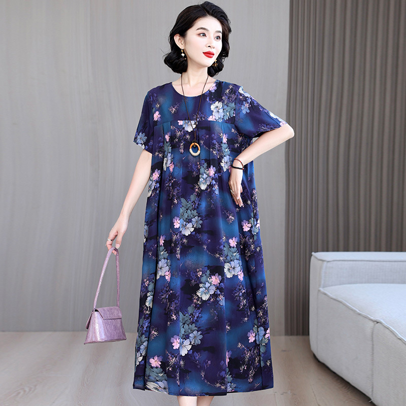 Middle-Aged and Elderly Large Size Floral Cotton Silk Dress Women's 2025 Summer New Style Middle-Aged Mother's Elegant Artificial Cotton Skirt