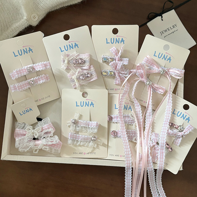 Roze geruite strik parel haarspeld strass kant kinderen BB clip haarspeld haar touw pak vrouwen haaraccessoires_voghion.com