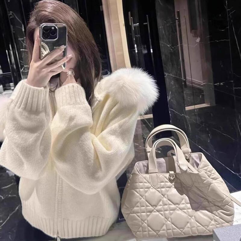 White Fox Fur Sweater Jacket for Women Winter High-End Lazy Style Zipper Hooded Top Short Knitted Cardigan
