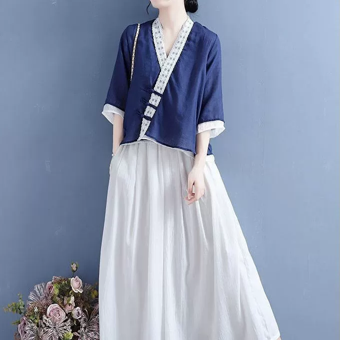 Хлопковая льняная ретро-рубашка, женская летняя свободная футболка с рукавом с семью точками в стиле ретро, контрастный цвет, топ с V-образным вырезом