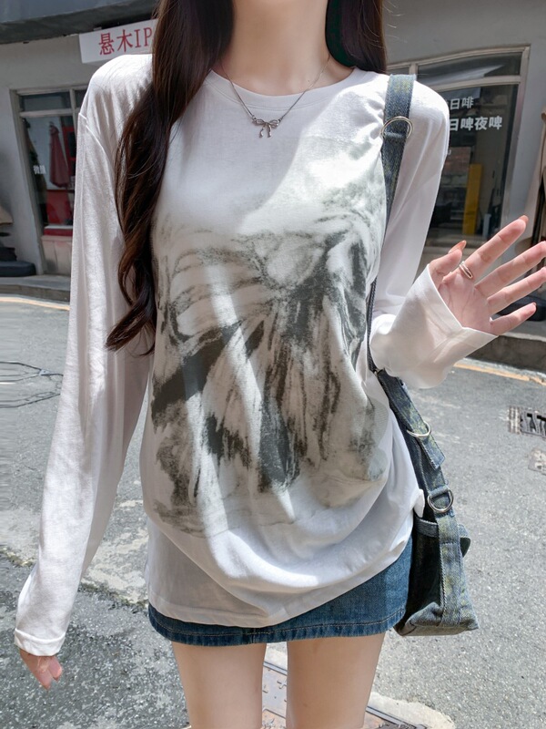 882 #   Real Shot of 26 Pieces of Pure Cotton (100% Cotton) 2026 Autumn Long-Sleeve T-Shirts for Women with Slightly Sheer Printed Designs