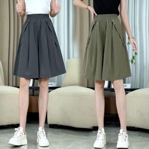 Relaxed 5.5-inch Full-Length Skirt Pants for Women - Summer Plus Size for Chubby Mm - Elastic High-Waist Slimming Sheer Ice Silk Quick-Dry Wide Leg Shorts