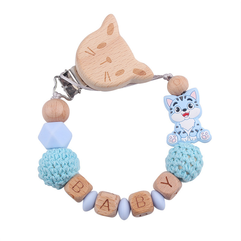 Nuevo bebé gato clip de chupeta de madera de haya dibujos animados juguetes de silicona para gatos calmar bebés chupeta cadena anti-caída cadena