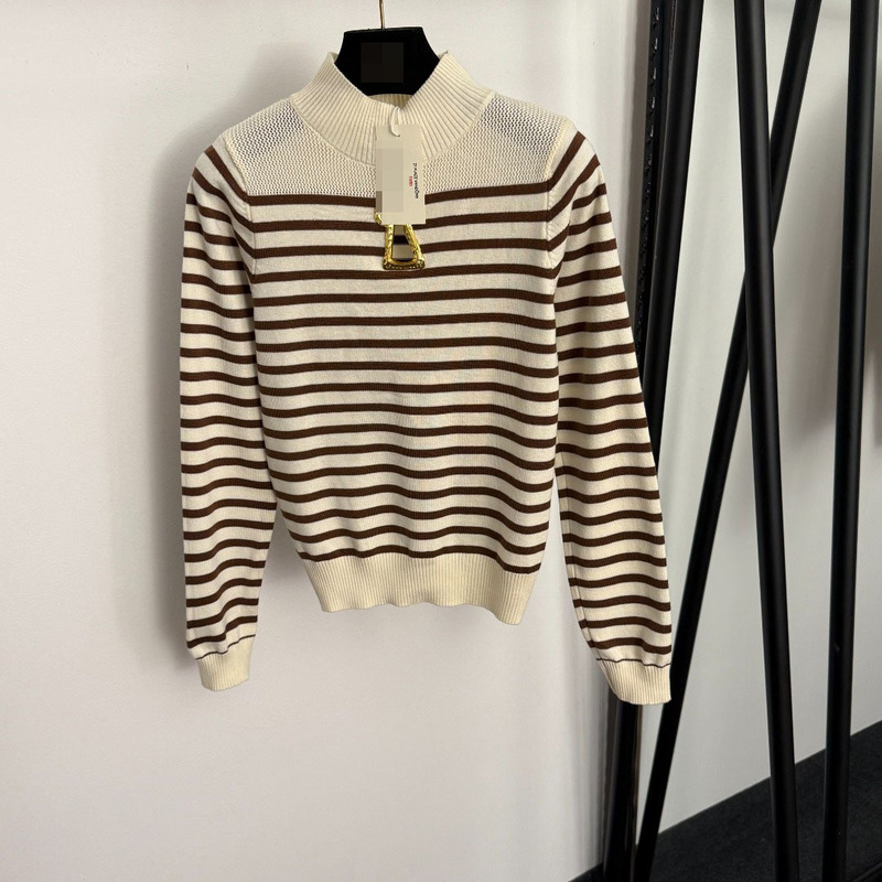 Shenzhen Nanyouhuo High-End Hollow-Out Metal Keyhole Design Color-Blocked Striped Half-High Collar Long-Sleeve Knitted Base Shirt Shenzhen Nanyouhuo High-End Hollow-Out Metal Keyhole Design Color-Blocked Striped Half-High Collar Long-Sleeve Knitted Base Shirt