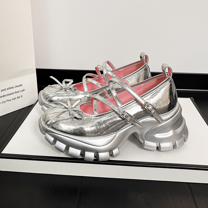 In-Stock 2026 New Model Chunky Heel Platform Height-Increasing Loafers, Shallow Silver-Colored French-Style Mary Jane Shoes for Petite Women