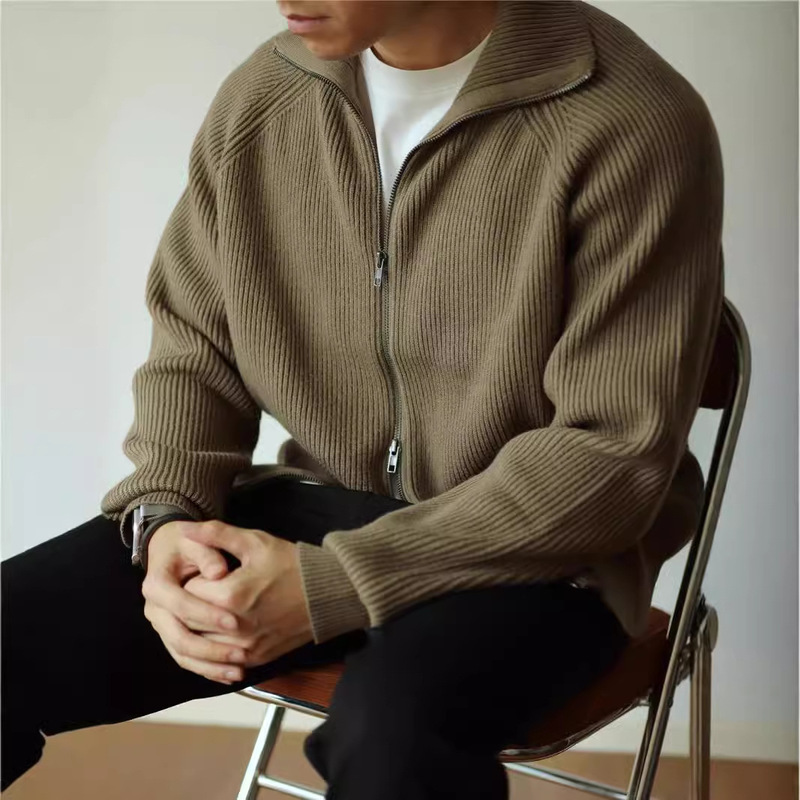 2024 Original Autumn and Winter Zipper Knitwear Cardigan Turtleneck Sweater Men's Simple Solid Color Loose Jacket Trendy Shirt