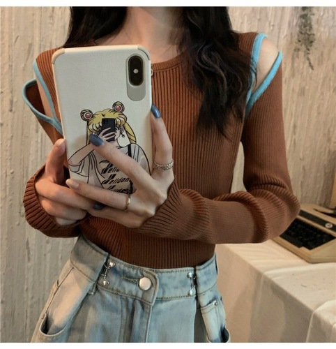 Designer Style Niche Cleavage Revealing Spring and Autumn  New Arrival Base Layer Crewneck Long Sleeve Knit Top Women's Innerwear Top