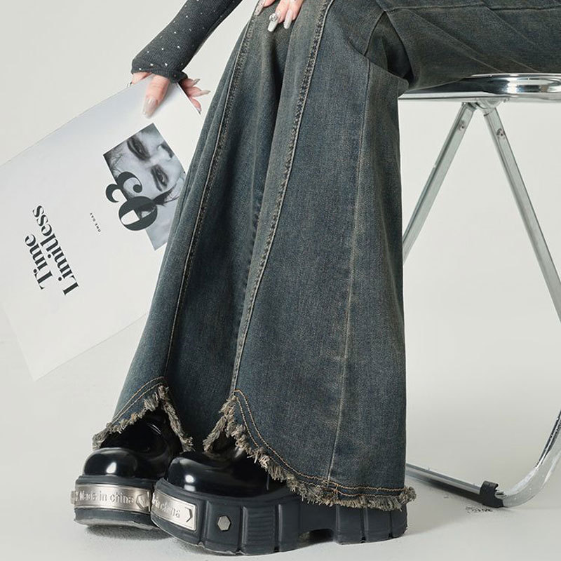 High-Waisted Slit Plus-Size Slim-Fit Stretchy Large-Size Cement Gray Flared Denim Pants for Women with Raw Hem Flared Legs