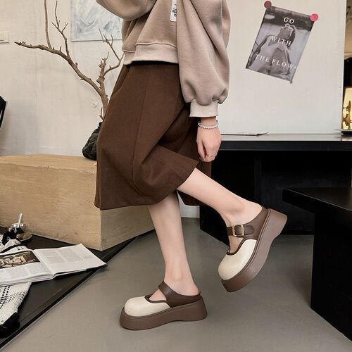 Mary Jane Internet celebrity fashionable half-drag slippers women's outer 2025 new spring thick sole height-increasing Baotou Birken Baotou shoes