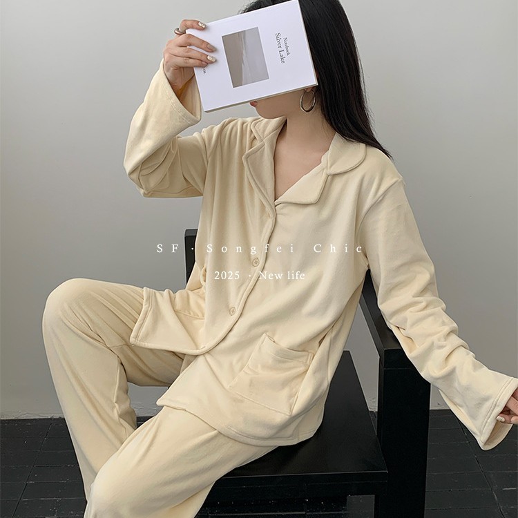 澳毛绒加厚睡衣套装冬季新款加绒保暖家居服两件套宽松翻领锁温女|undefined