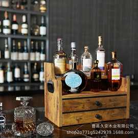 木制咖啡糖浆收纳架桌面酒架带双层抽屉调料架带把手酒瓶展示架
