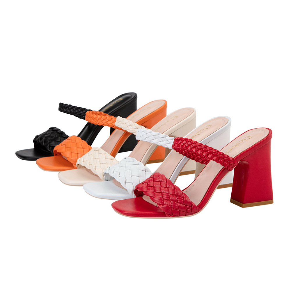 318-11 style fashion sexy sandals woven square head thick heel open toe high heel flat belt for women's slippers