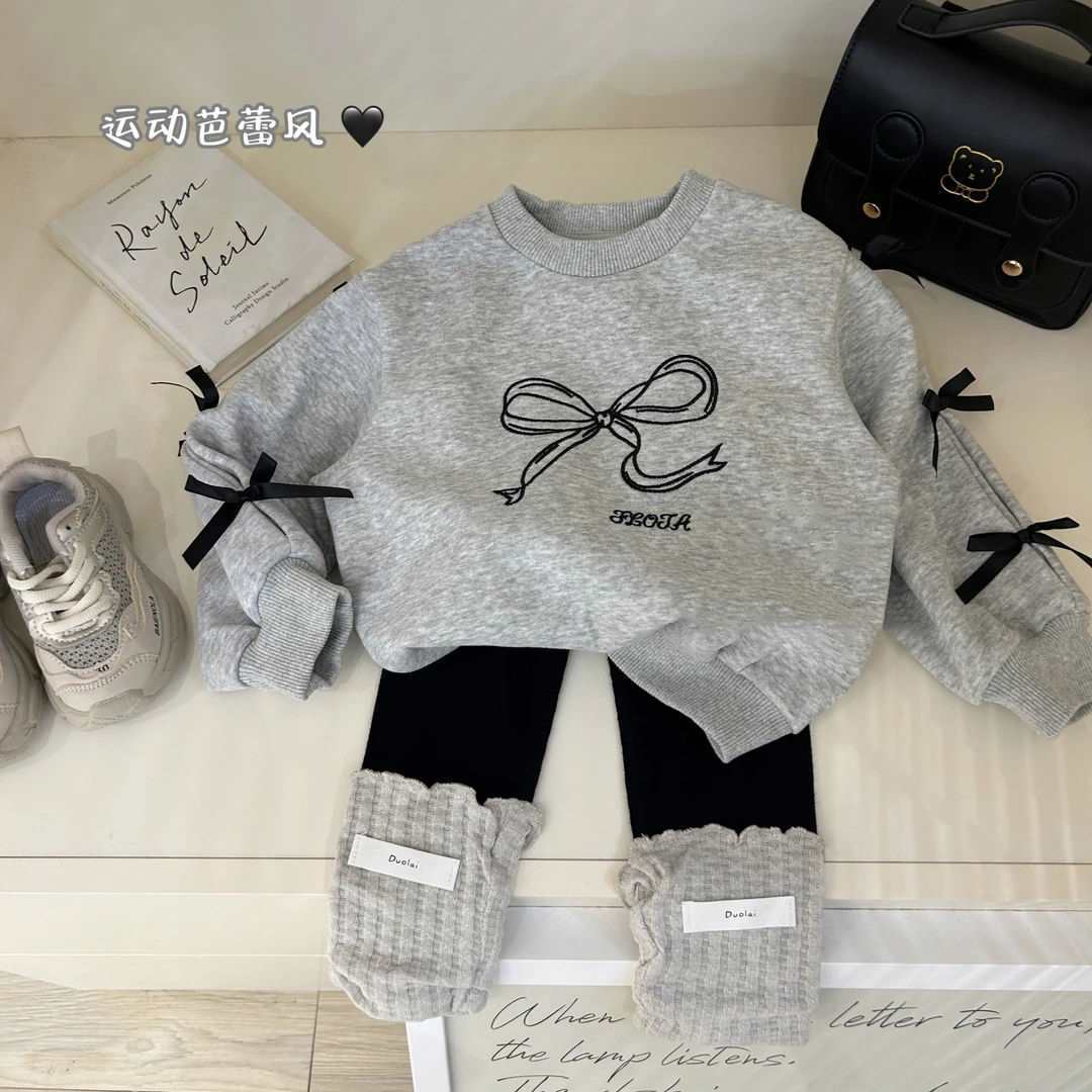 女童秋装套装新款儿童蝴蝶结卫衣中童休闲上衣堆堆袜打底裤两件套