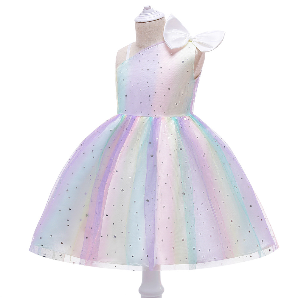 2024 europeo y americano nuevo vestido infantil Correa fuera del hombro cielo estrellado vestido de malla flor niña princesa vestido de los niños vestido de rendimiento