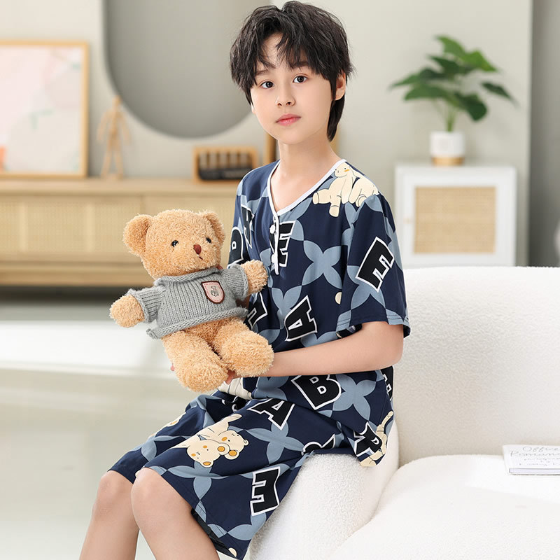 반팔 반바지 다크 블루 편지 곰