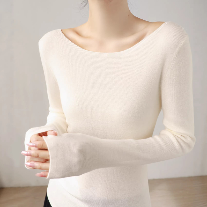 Early Spring Off-The-Shoulder Slim-Fit Wool-Blend Long-Sleeve Pullover Knit Sweater with a Stylish Design