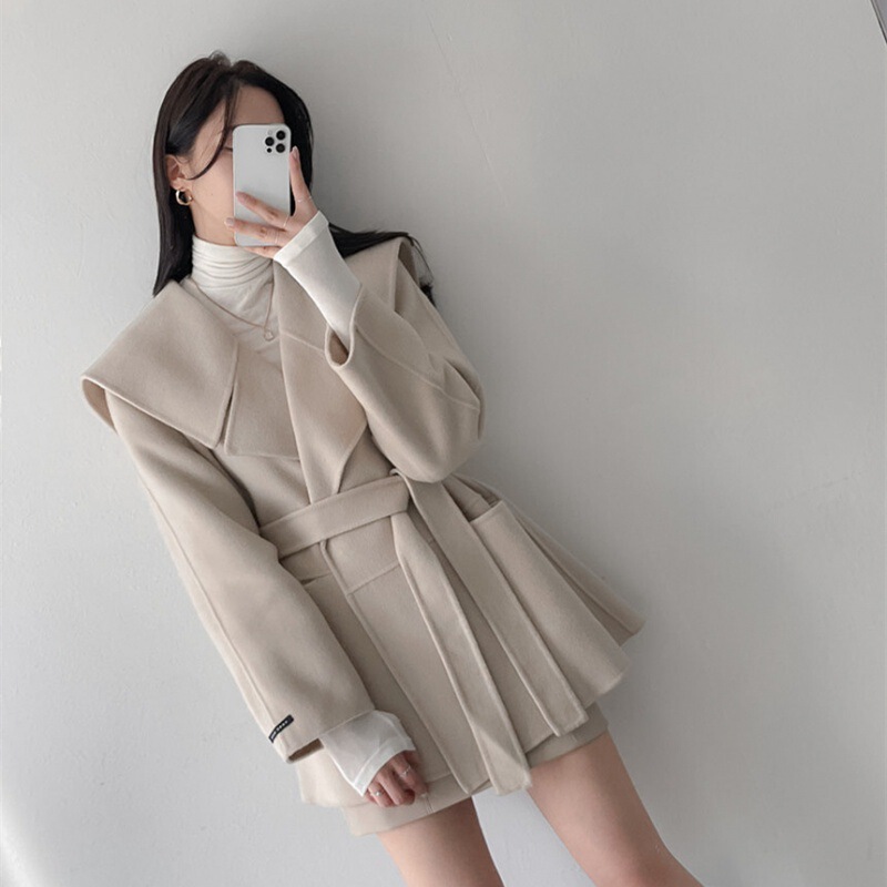 Korean chic autumn and winter small navy large lapel lace-up pocket woolen coat women's popular woolen coat