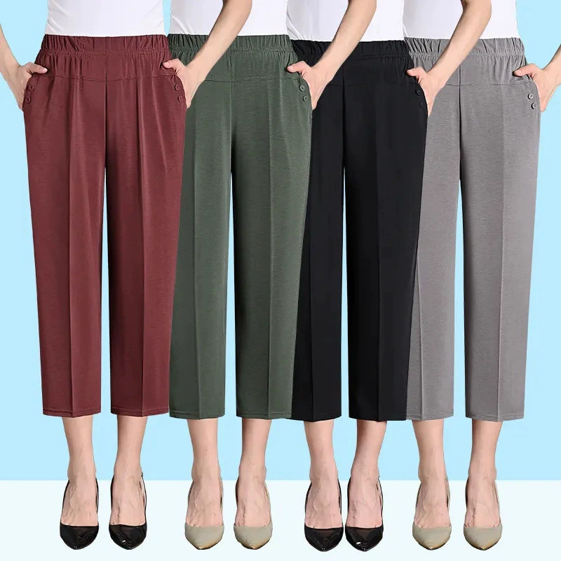 Люди среднего и пожилого возраста женские брюки ледяные штаны летом тонкая мама бабушка свободные восьмизотные прямые брюки большого размера