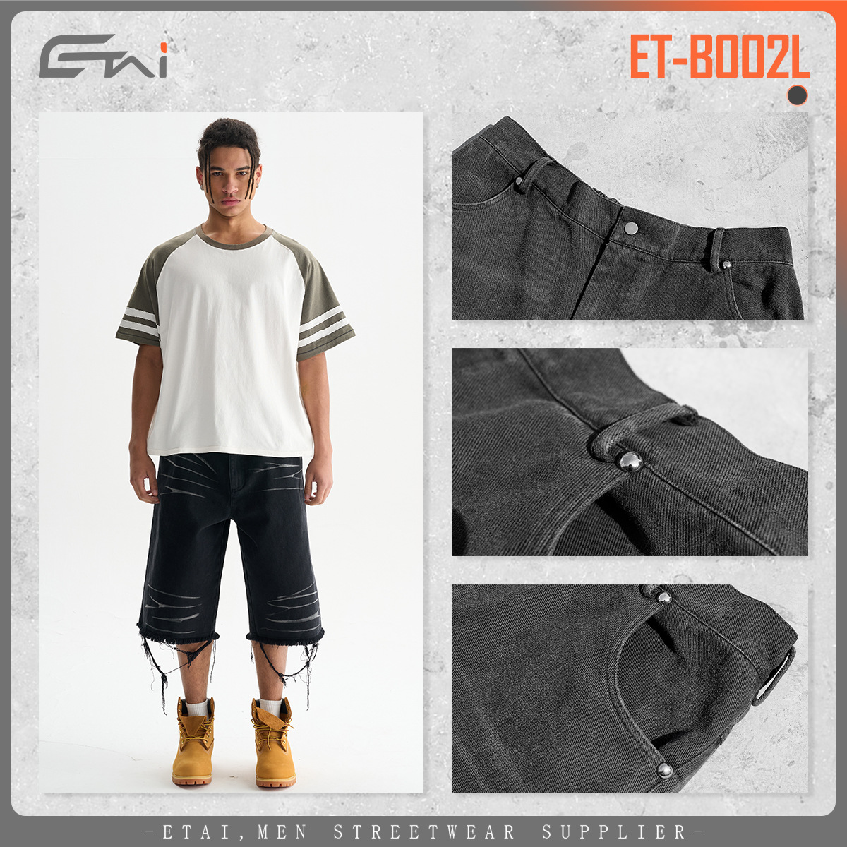ETAI Hombre| 2024 nueva tendencia de alta calidad lavado con agua para hacer viejos pantalones de algodón pesado bordes molidos pantalones cortos de hombre image 5