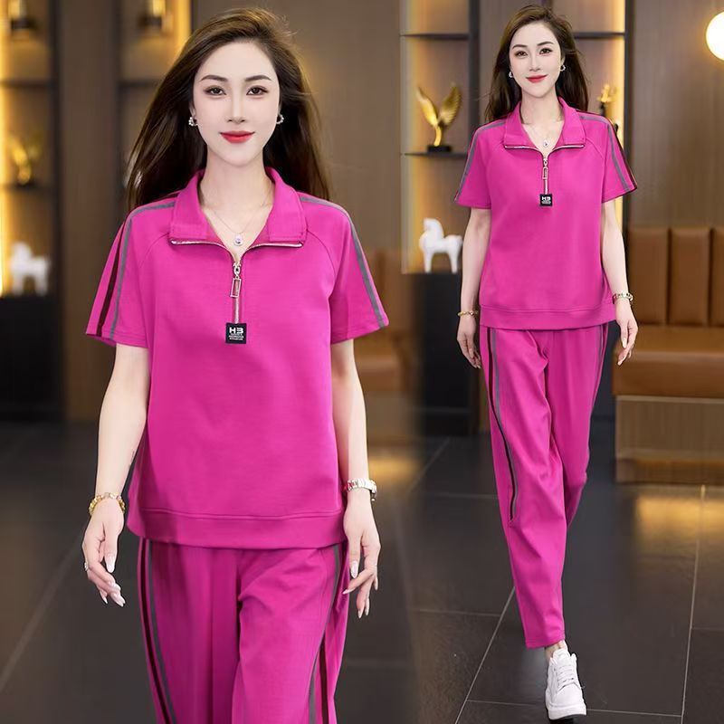 时尚运动服套装女2025夏季新款韩版休闲妈妈装显瘦跑步服两件套潮|undefined