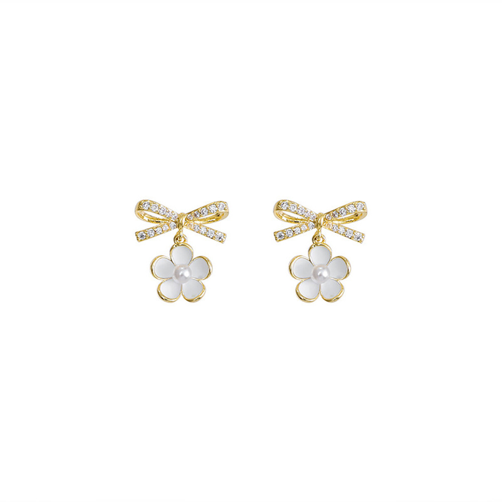 Pendientes de flores con lazo de diamantes de aguja de plata Pendientes de perlas de temperamento elegante y dulce de moda Pendientes de diseño de nicho