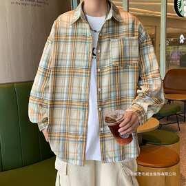 美式复古格子衬衫男春秋宽松薄款衬衣外套小个子韩系洋气长袖上衣