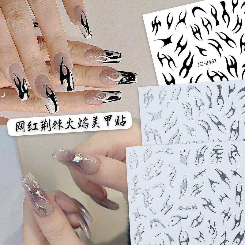 Nail Art Black and White Flame Stickers Retro Punk Versatile 2026 Fingertip Decals Stickers Gold Foil Adhesive Accessories Wholesale