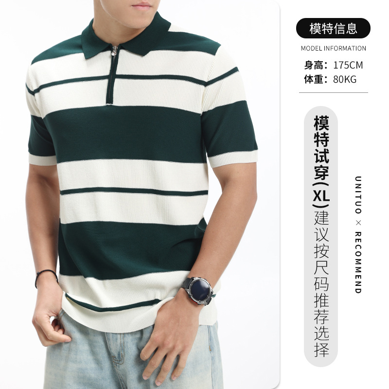 Lujo ligero viejo estilo de dinero para hombres a rayas de punto polo de seda de hielo para hombres mangas cortas de negocios casual solapa de alta calidad ropa de hombre