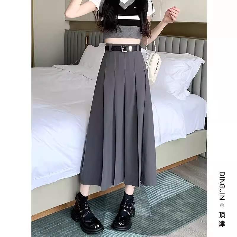 （TR质量+隐形拉链+腰带）百褶裙半身裙小众设计感中长款A字裙长|undefined