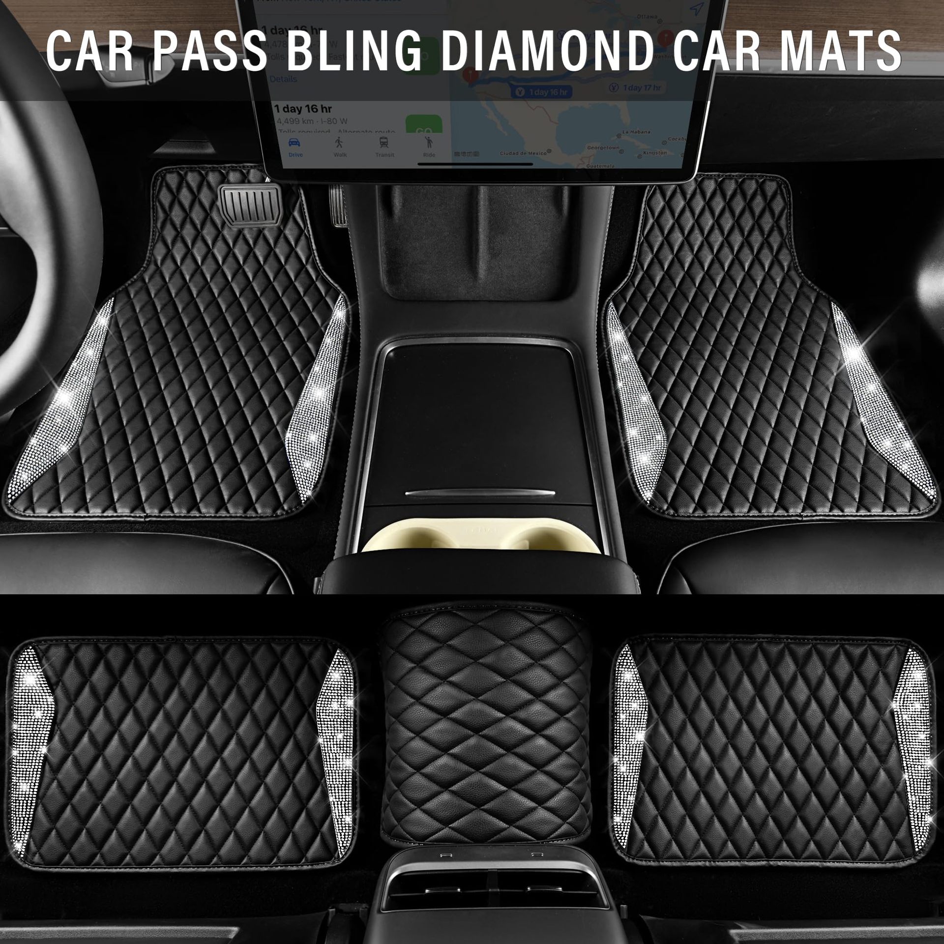 Shiny Leather Car Floor Mat with Rhinestones and Crystals, Universal Non-Slip Waterproof Mat for Women, Rhinestone Car Anti-Slip Mat