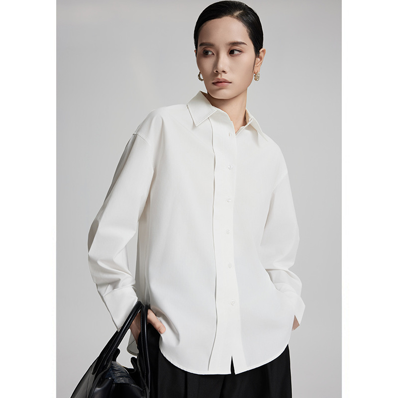 Cos Style Non-Ironing Anti-Wrinkle Pure Cotton White Shirt Lapel Commuter Loose Long-sleeved Top Button Style Refined Shirt