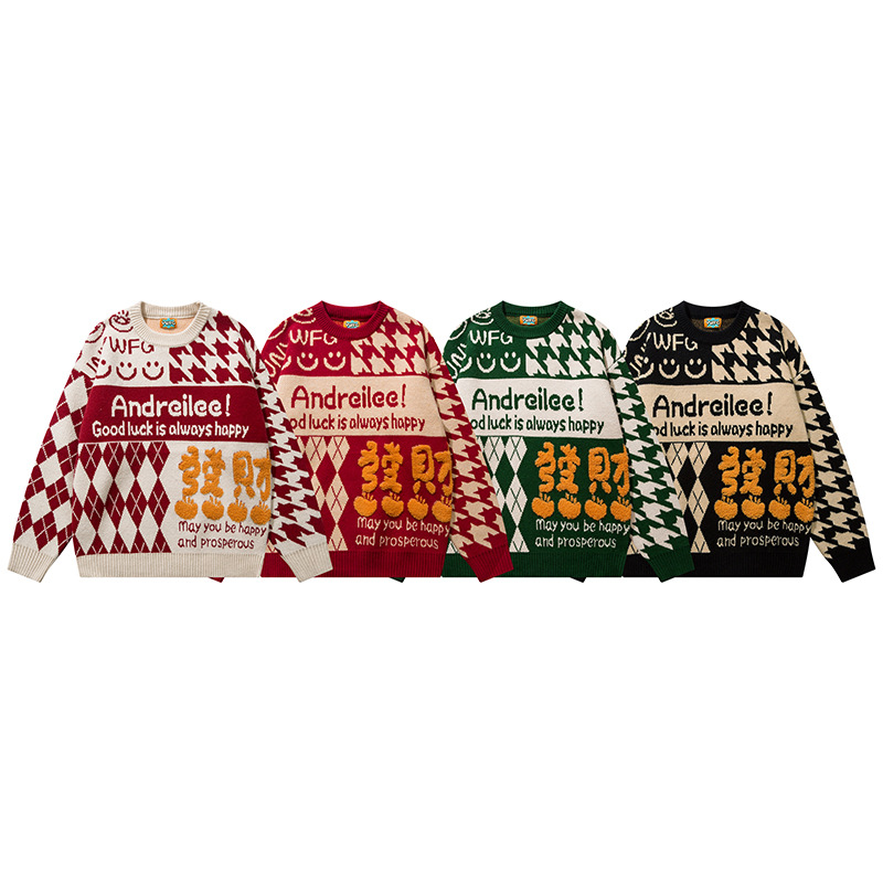 Tide americana hiphop creativo flocado pareja suéter de diseño de otoño y invierno mujeres relajado camiseta de punto rojo viento image 5