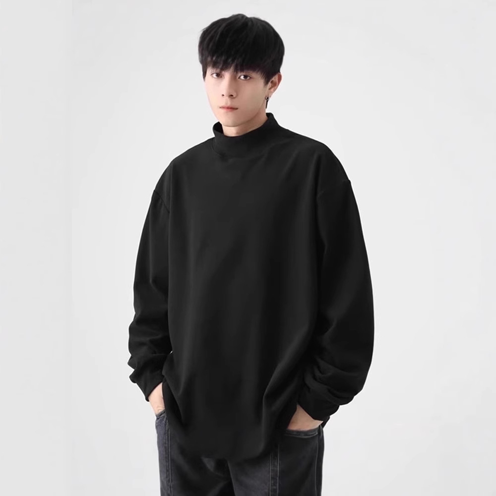 2024 벨벳 세미 하이 칼라 긴팔 티셔츠 남성용 가을과 겨울 트렌디 한 양면 벨벳베이스 셔츠가 두껍게 단색 내부 트렌디
