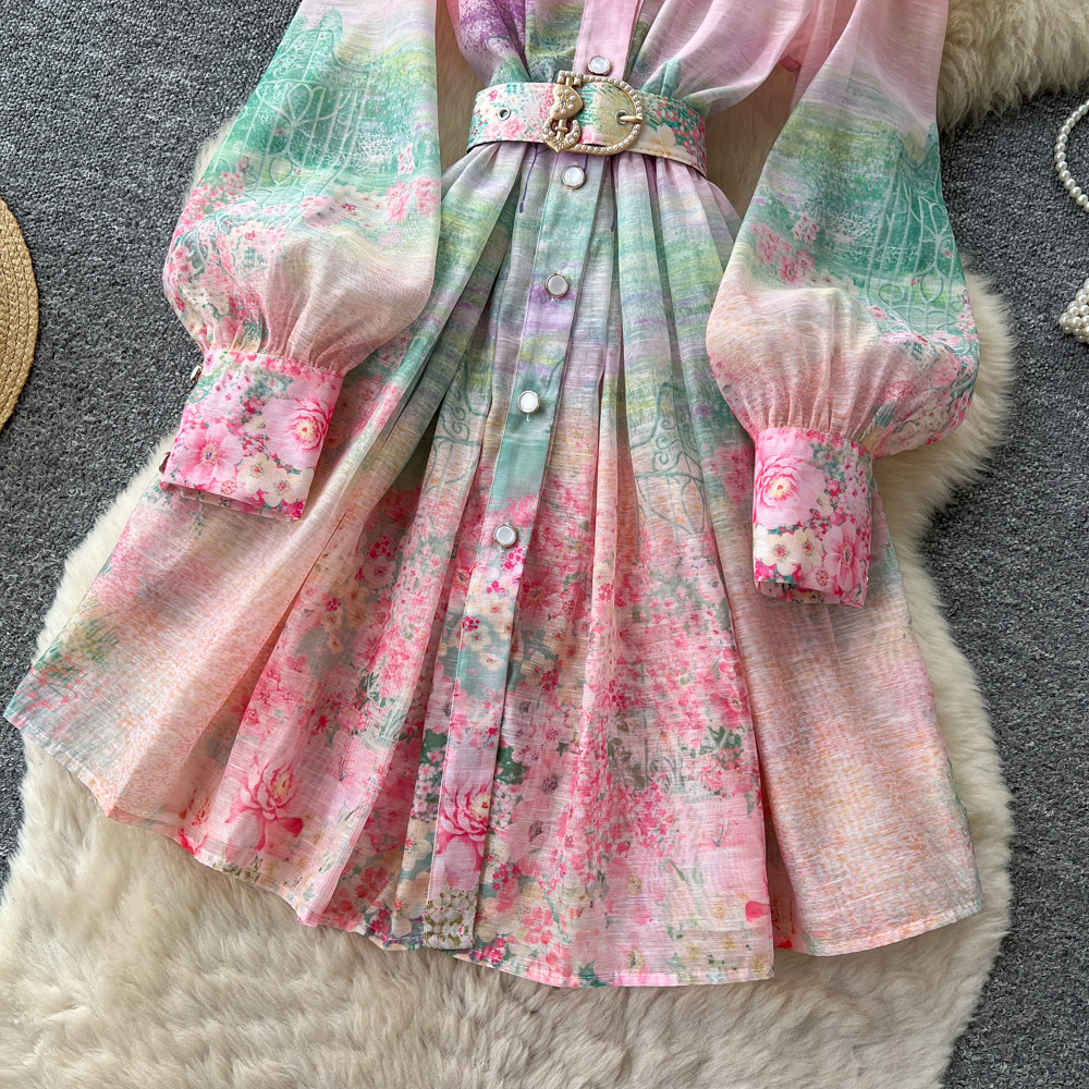 Women's French Romantic Gradient Print Dress Long Sleeve Single Breasted Button down Waist Tie Elegant Long Summer Dress_ecoleips.com