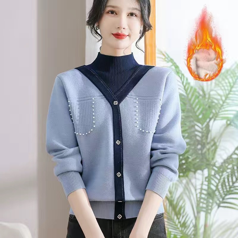 冬季加绒妈妈毛衣一体绒加厚女士针织衫洋气中年女式保暖上衣女装