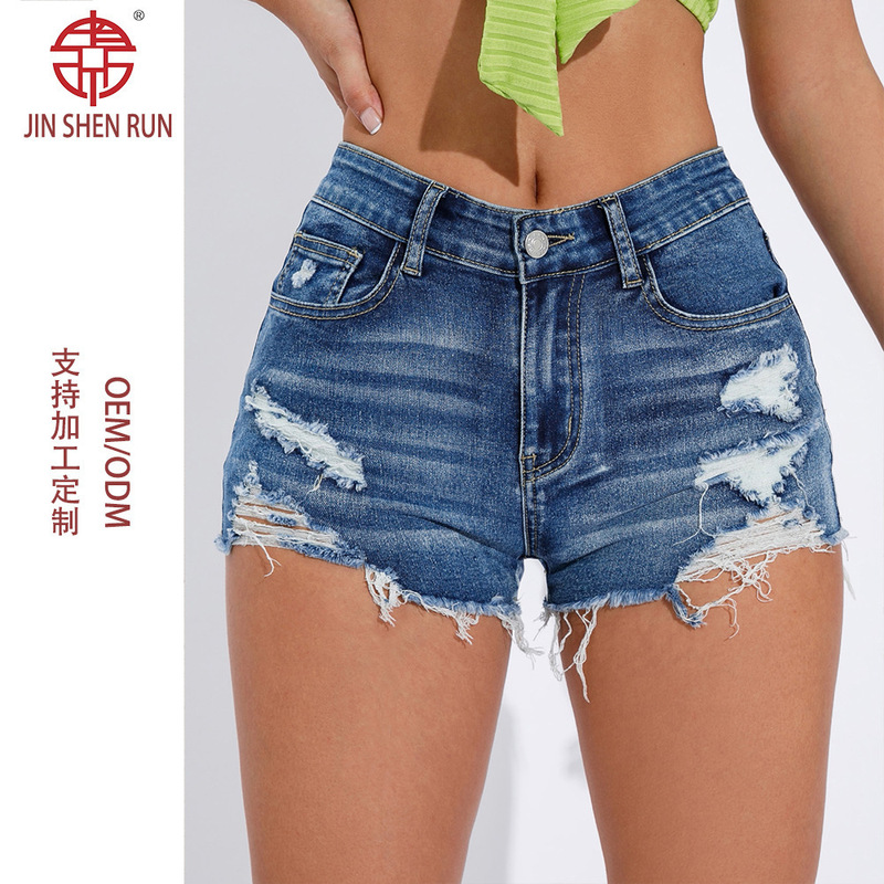 Cross-Border European and American Amazon Denim Shorts Light-Colored Jeans Raw Edge High-Waisted Shorts Summer Hot Girl Shorts