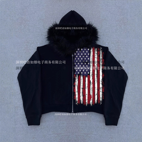Wholesale European and American Style Instagram-Style Fleece Zip-Up Hoodie with Fur Collar, Long-Sleeved Pullover Hoodie, Retro Jacket, Streetwear Trendy Y2K Style