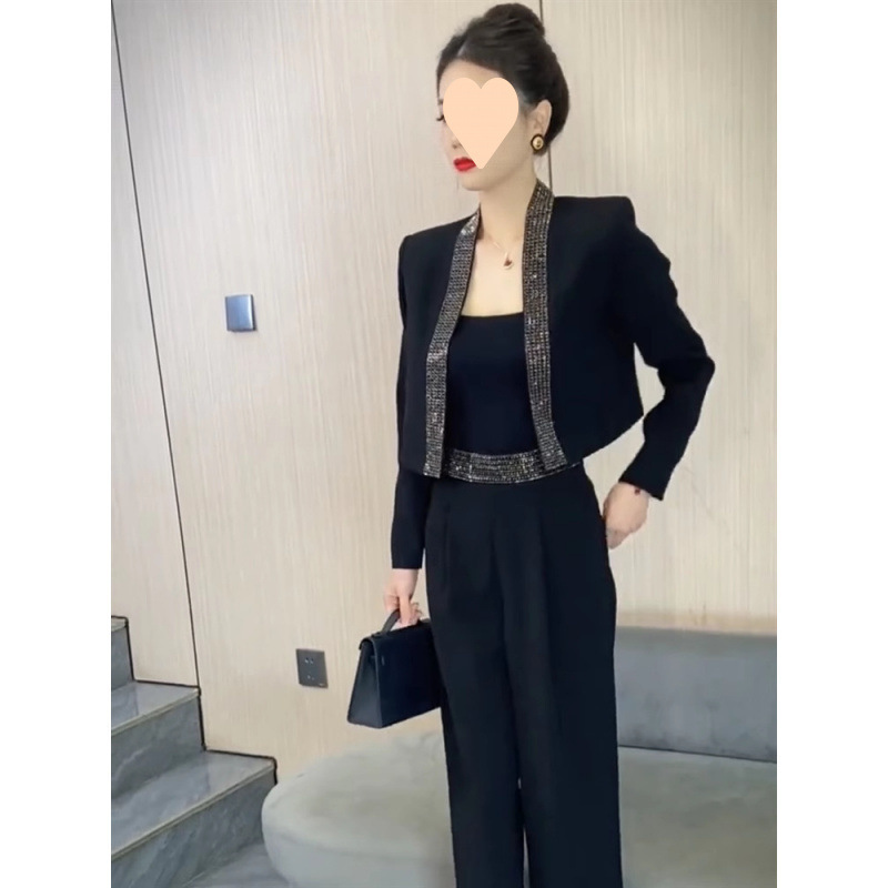 2025年春季网红新款时尚套装女法式轻奢重工烫钻西服+显瘦阔腿裤|undefined