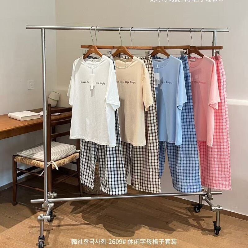 Hanshe 2609 Casual Letter Print Plaid Set, Women's Short Sleeve Long Pants, Comfortable and Relaxed Home Wear Pajamas