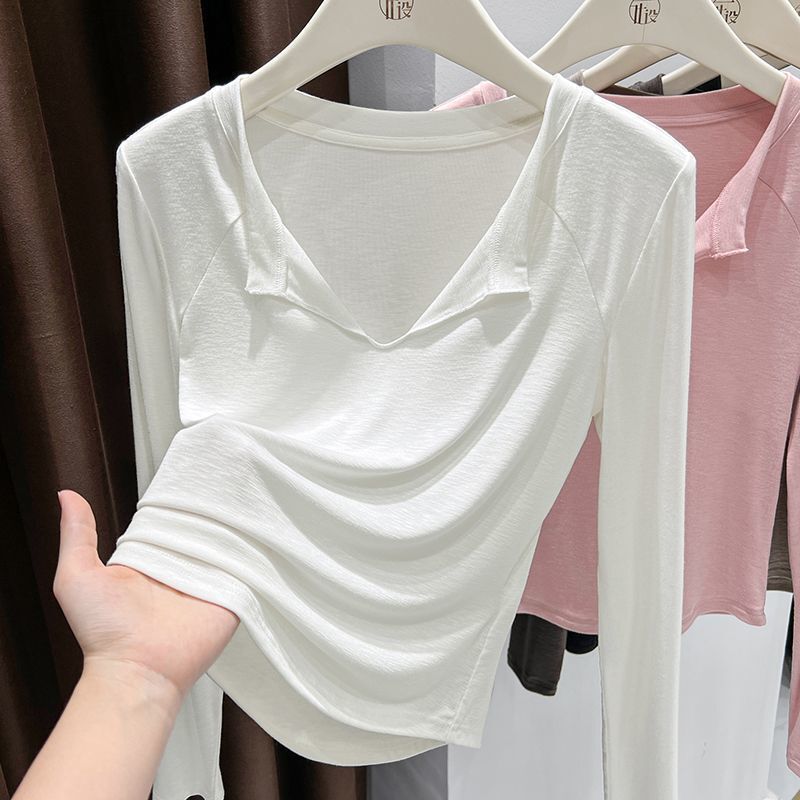 Half-Open Collar Sun Protection Long-Sleeved T-Shirt for Women in Summer Pure Lusty Cool Thin Slim Slimming Look Modal Bottoming Top