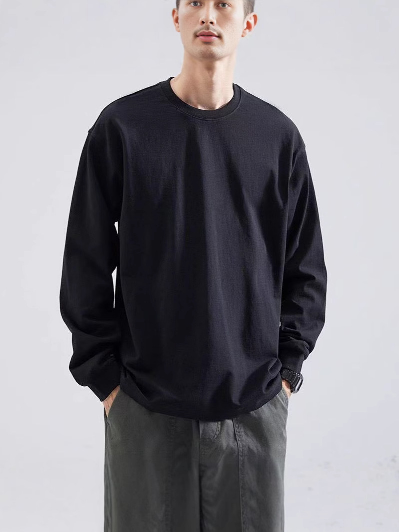 280g厚手長袖Tシャツメンズトレンドルーズフィットスウェットシャツラウンドネックベースレイヤー春秋メンズ大きいサイズ長袖Tシャツ