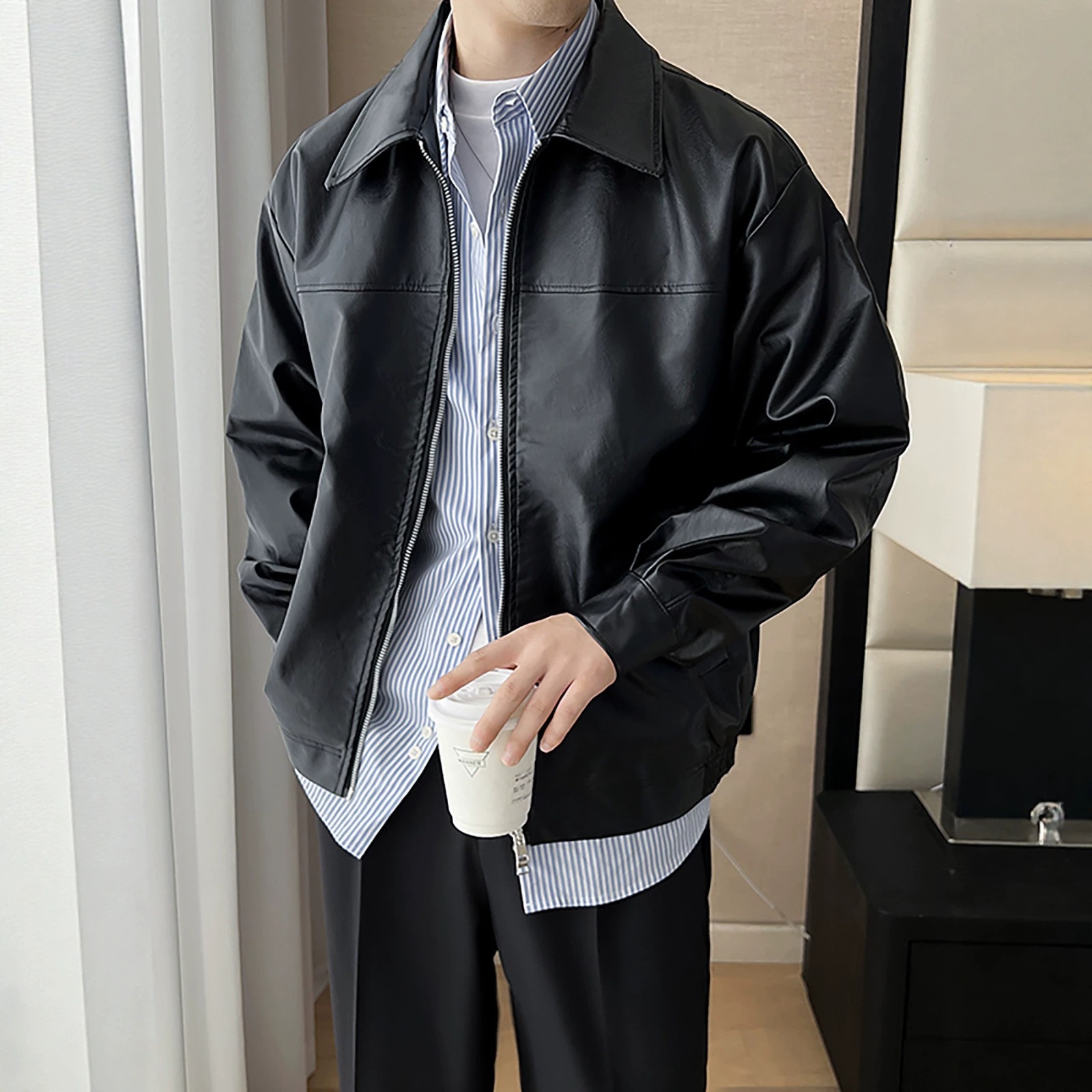 高街拉链pu皮衣外套男秋冬季新款宽松复古飞行员机车服翻领皮夹克
