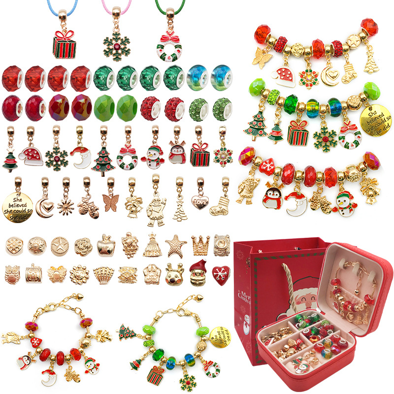 66 piezas pulsera de oro de Navidad traje de cuentas copo de nieve árbol de Navidad Campana Santa Claus pequeño colgante caja de regalo de vacaciones
